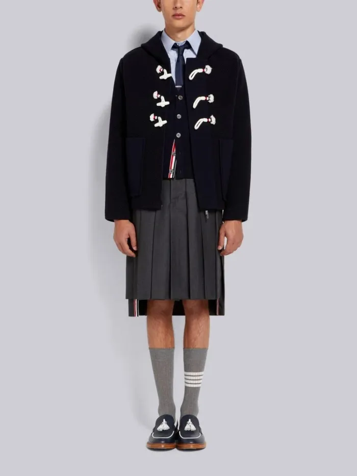 Twill Stitch Center Back Stripe Hooded Duffle Jacket Navy Men Thom Browne Outerwear