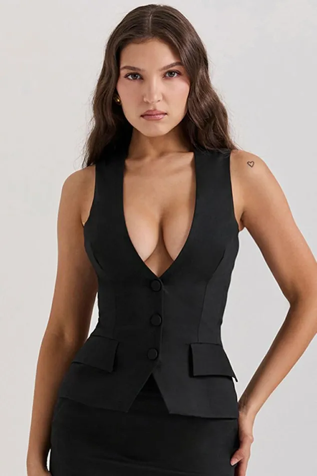 Women Juliet Black Sleeveless Tuxedo Top House Of CB Tops
