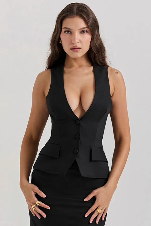 Women Juliet Black Sleeveless Tuxedo Top House Of CB Tops