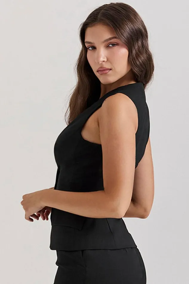 Women Juliet Black Sleeveless Tuxedo Top House Of CB Tops