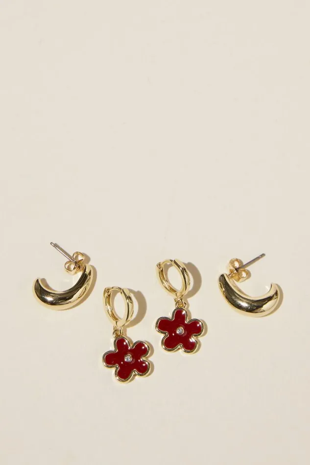 2Pk Mid Earring Gold Plated Red Retro Flower Women Cotton On Jewelry