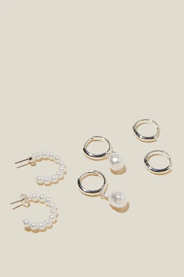 3Pk Mid Earring Sterling Silver Plated Pearl Women Cotton On Jewelry