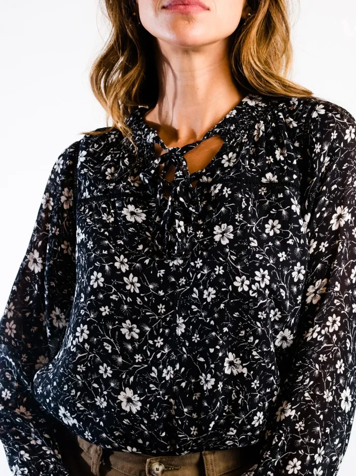 Able Annette Tie Blouse BlackWhite Floral Women Tops