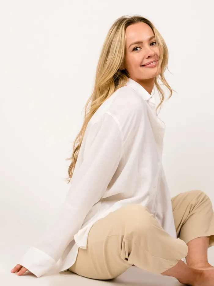 Able Tops Women Harris Oversized Linen Button Down Shirt Natural