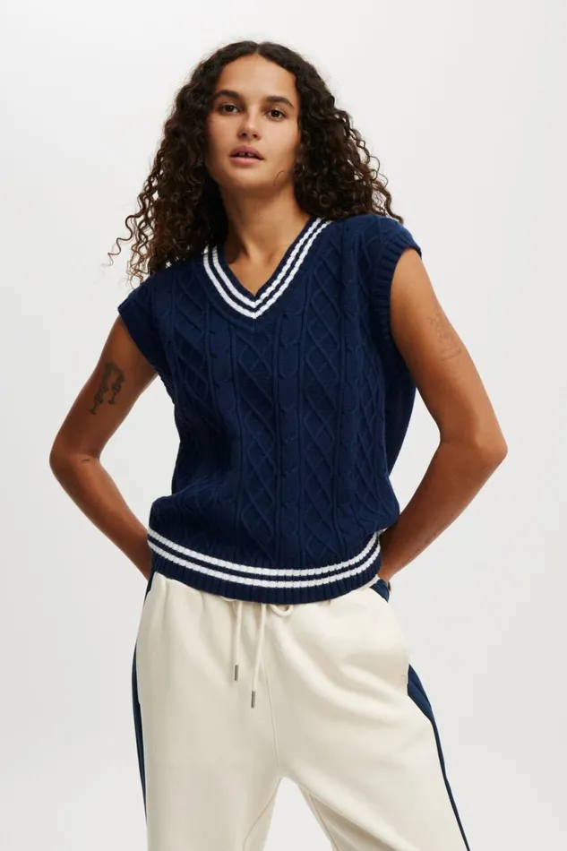Active Knit V Neck Vest Dark Waterwhite Women Cotton On Sweats and Hoodies