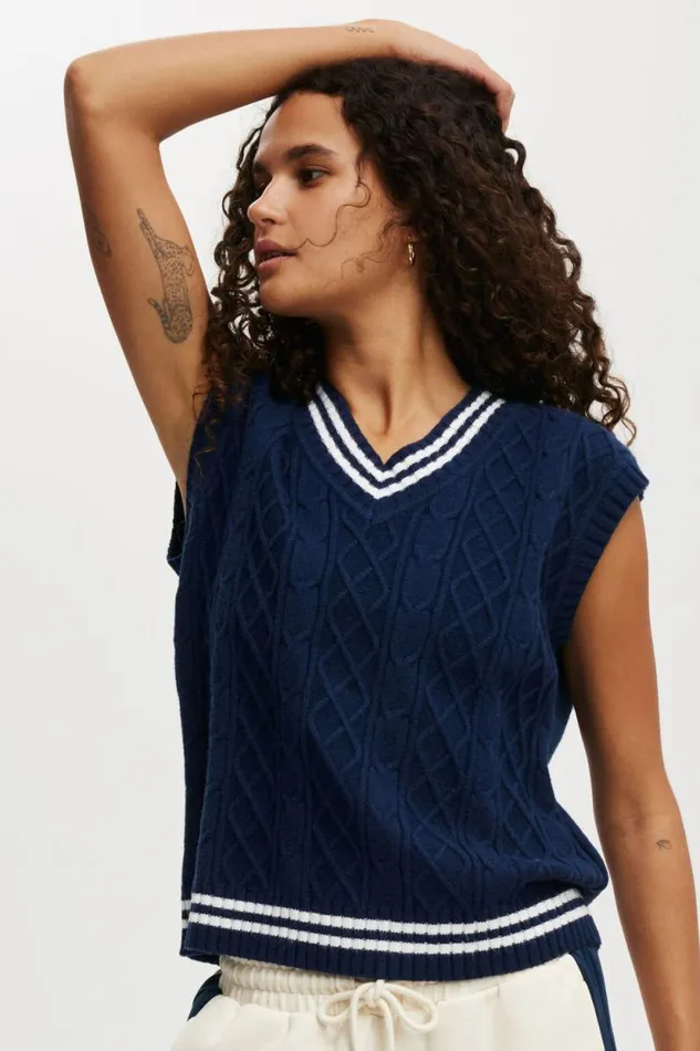 Active Knit V Neck Vest Dark Waterwhite Women Cotton On Sweats and Hoodies