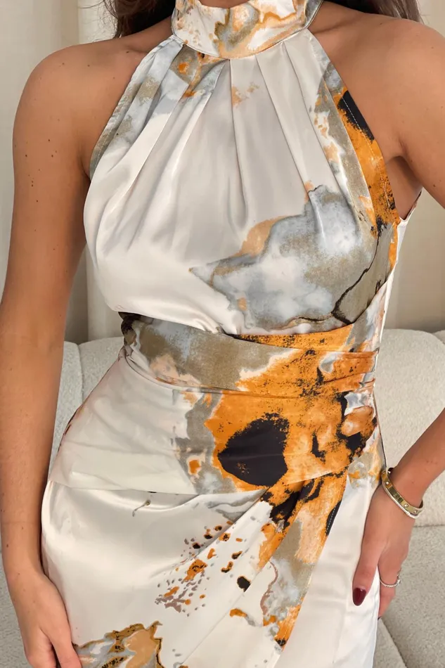 Alessia Halter Neck Midi Dress In Grey Marble Women Girl In Mind Midi Dresses
