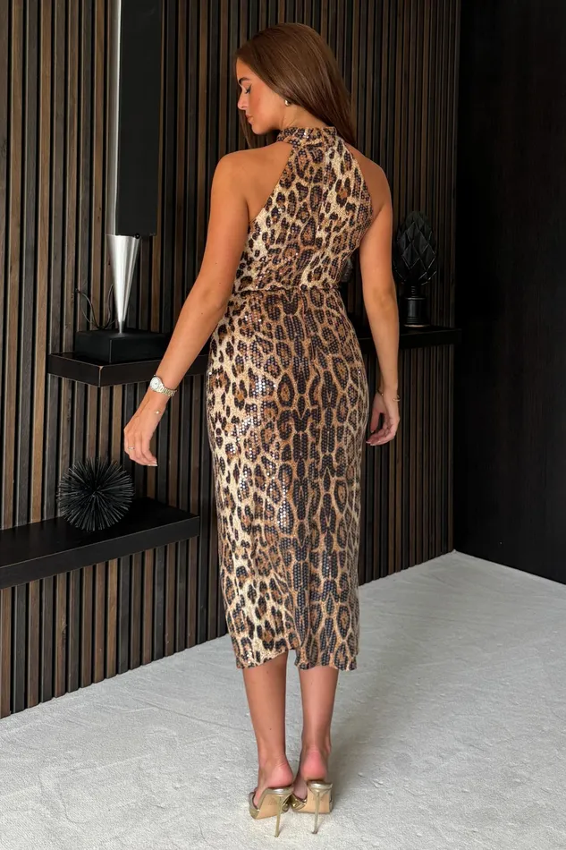 Alessia Halter Neck Midi Dress Sequin Leopard Women Girl In Mind Sequin Dresses
