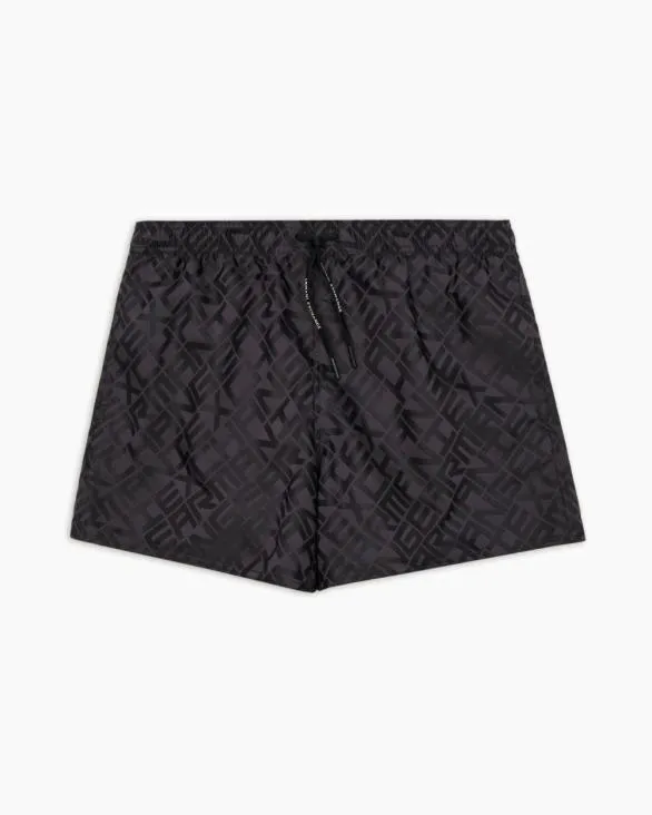 Allover Logo Patterned Boxer Swimsuit Black Men Armani Beachwear