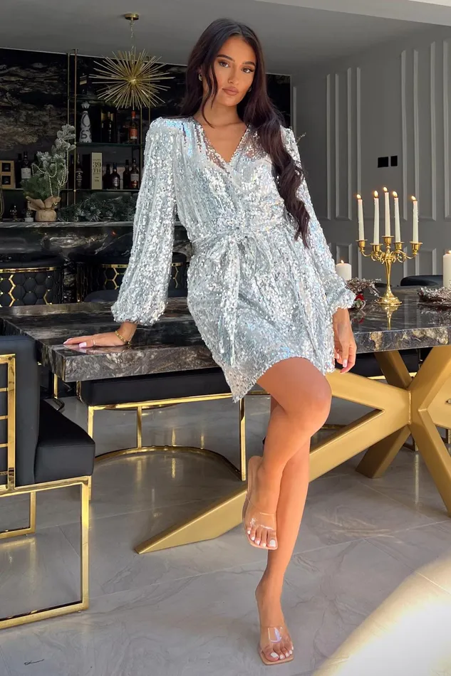 Annie Silver Sequin Wrap Mini Dress Women Girl In Mind Skater Dresses