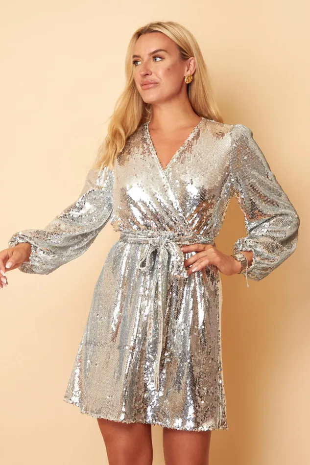 Annie Silver Sequin Wrap Mini Dress Women Girl In Mind Skater Dresses