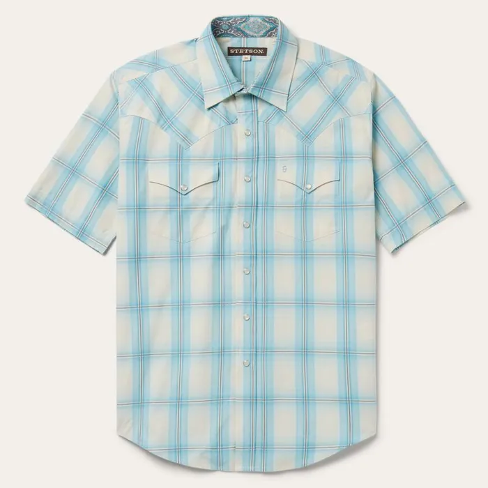 Aqua Ombre Plaid Short Sleeve Western Shirt Blue Men Stetson Classic Cut