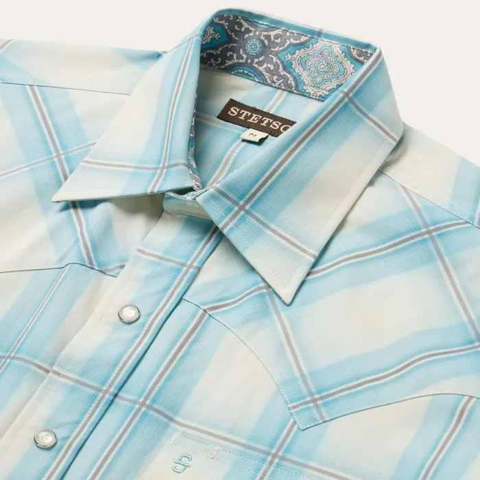 Aqua Ombre Plaid Short Sleeve Western Shirt Blue Men Stetson Classic Cut