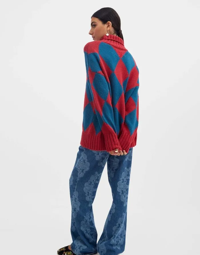 Argyle Sweater Red and Blue Women La Double J Knitwear Argyle Sweater Red and Blue Women La Double J Knitwear