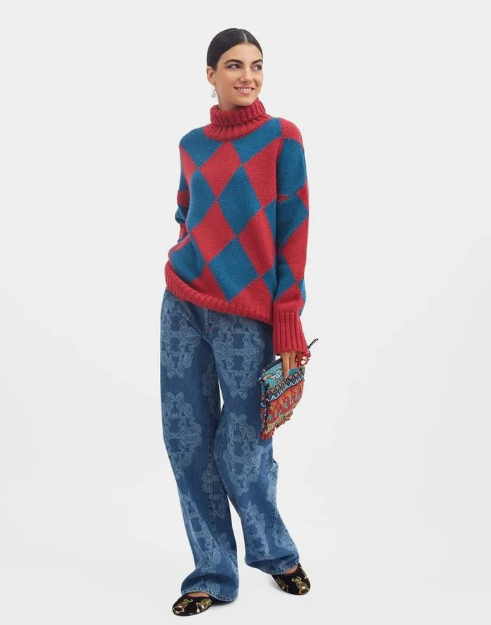 Argyle Sweater Red and Blue Women La Double J Knitwear Argyle Sweater Red and Blue Women La Double J Knitwear