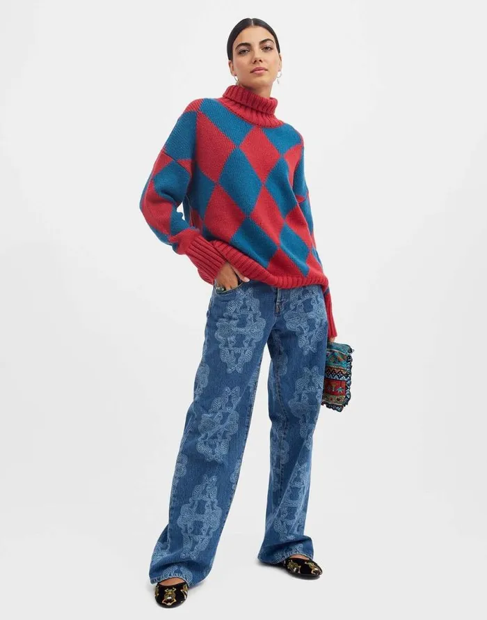 Argyle Sweater Red and Blue Women La Double J Knitwear Argyle Sweater Red and Blue Women La Double J Knitwear