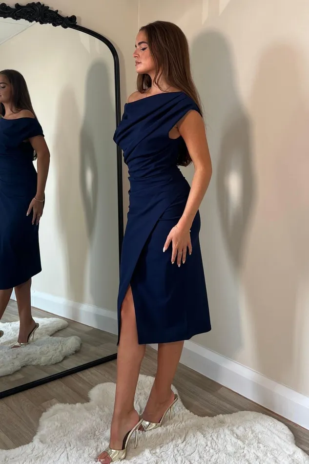Ariana Asymmetric Midi Dress Navy Women Girl In Mind Bodycon Dresses