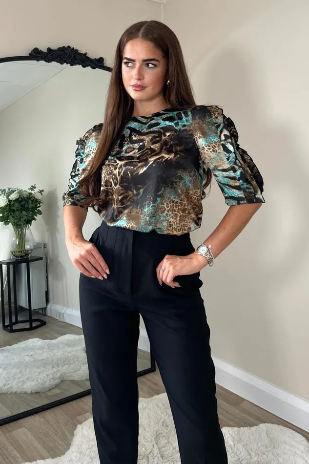 Asher Blue And Brown Animal Print Top Women Girl In Mind Tops and Bodysuits