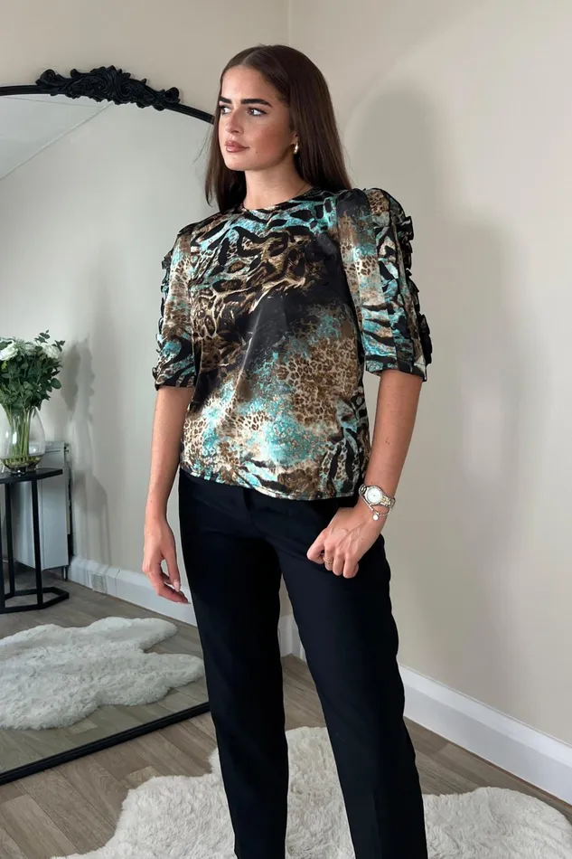 Asher Blue And Brown Animal Print Top Women Girl In Mind Tops and Bodysuits