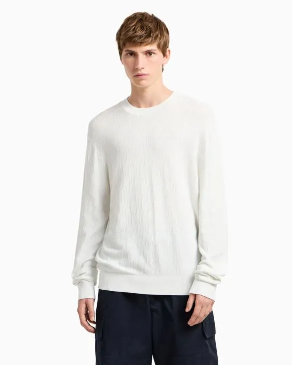 ASV Toneontone Logo Crewneck Sweater White Men Armani Knitwear ASV Toneontone Logo Crewneck Sweater White Men Armani Knitwear