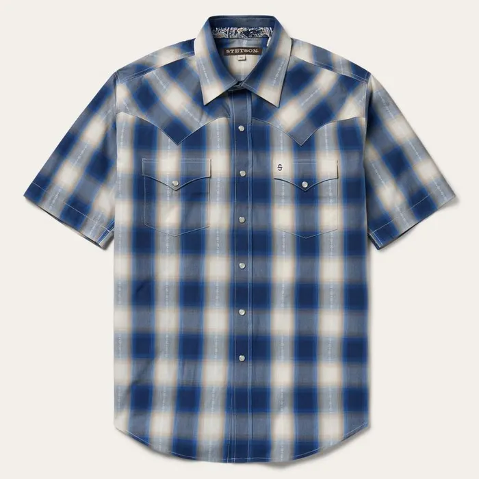 Blue Ombre Plaid Short Sleeve Western Shirt Blue Men Stetson Western Shirts
