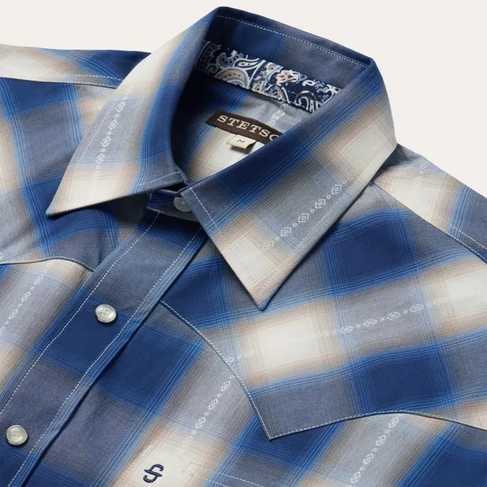 Blue Ombre Plaid Short Sleeve Western Shirt Blue Men Stetson Western Shirts
