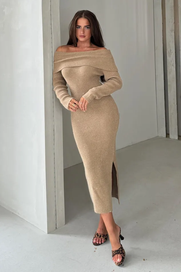 Brea Knitted Sequin Bardot Midi Dress Camel Women Girl In Mind Knitwear