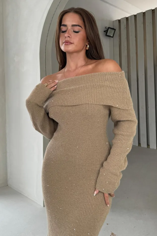 Brea Knitted Sequin Bardot Midi Dress Camel Women Girl In Mind Knitwear