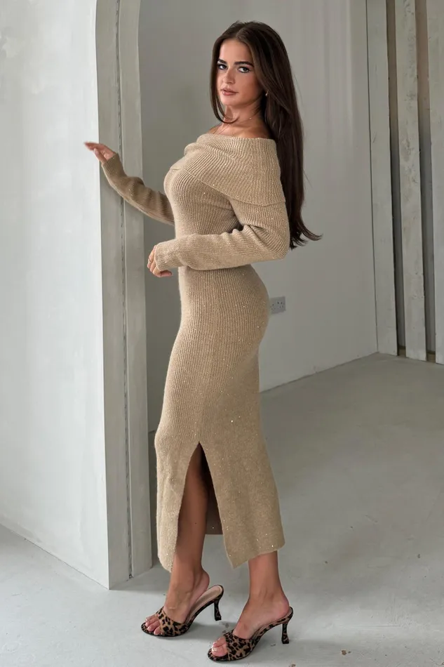 Brea Knitted Sequin Bardot Midi Dress Camel Women Girl In Mind Knitwear