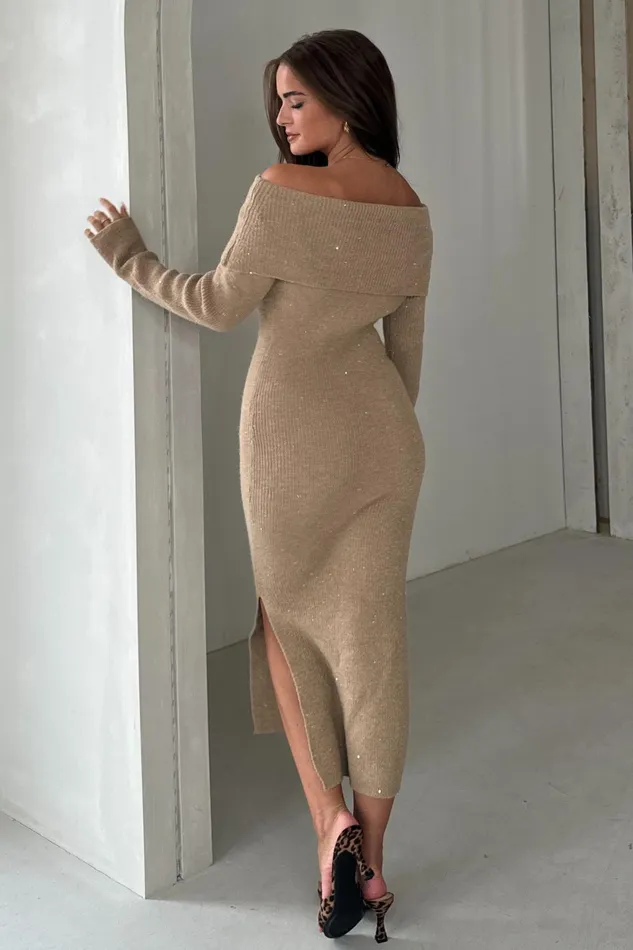 Brea Knitted Sequin Bardot Midi Dress Camel Women Girl In Mind Knitwear