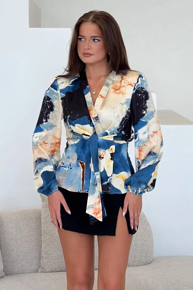 Brooke Blue Marble Print Tie Front Top Women Girl In Mind Tops and Bodysuits