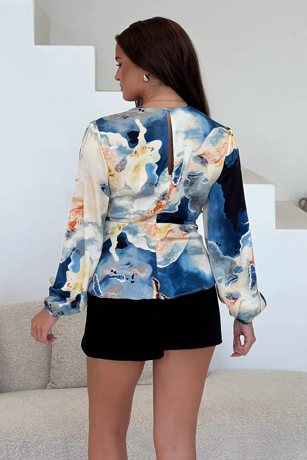 Brooke Blue Marble Print Tie Front Top Women Girl In Mind Tops and Bodysuits