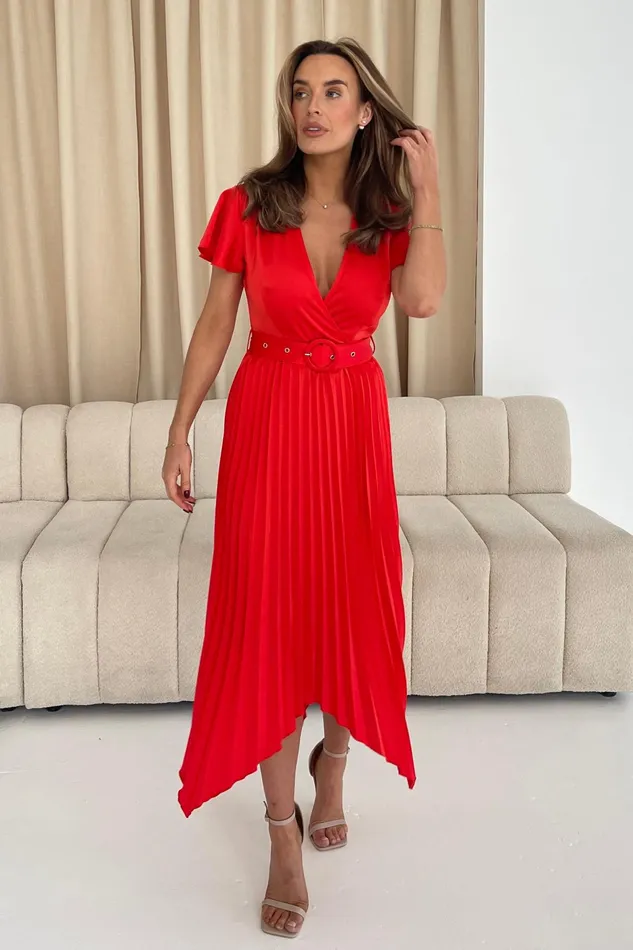 Brooklyn Asymmetric Pleated Skirt Belted Midi Dress Red Women Girl In Mind Midi Dresses Brooklyn Asymmetric Pleated Skirt Belted Midi Dress Red Women Girl In Mind Midi Dresses