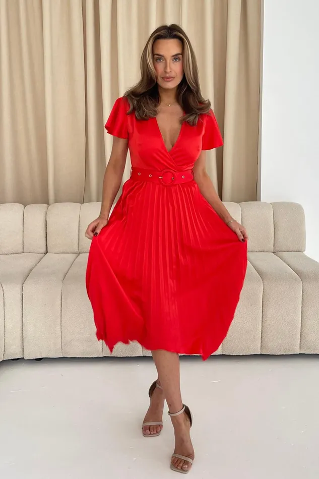 Brooklyn Asymmetric Pleated Skirt Belted Midi Dress Red Women Girl In Mind Midi Dresses