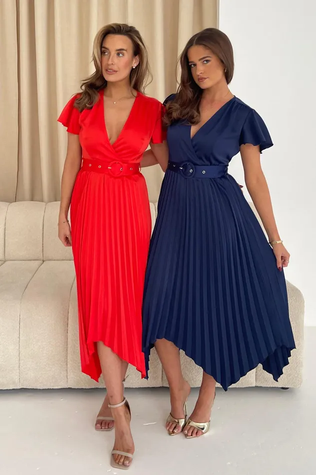 Brooklyn Asymmetric Pleated Skirt Belted Midi Dress Red Women Girl In Mind Midi Dresses