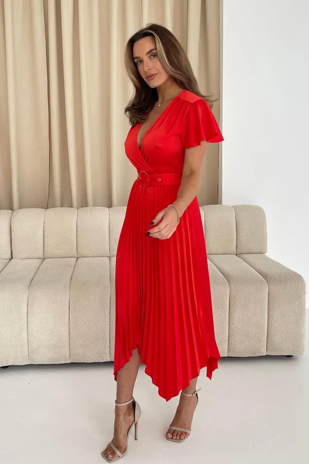 Brooklyn Asymmetric Pleated Skirt Belted Midi Dress Red Women Girl In Mind Midi Dresses