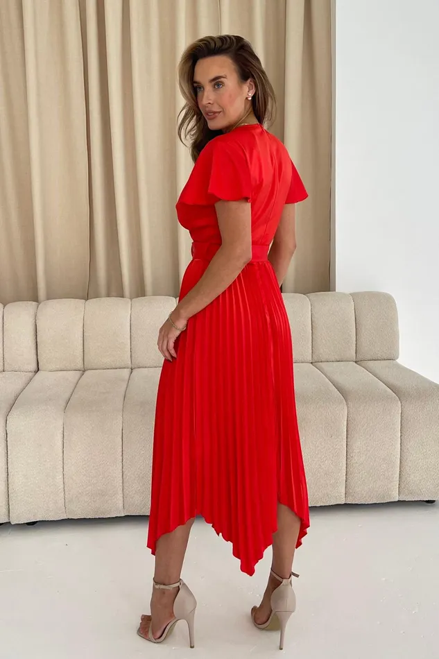 Brooklyn Asymmetric Pleated Skirt Belted Midi Dress Red Women Girl In Mind Midi Dresses