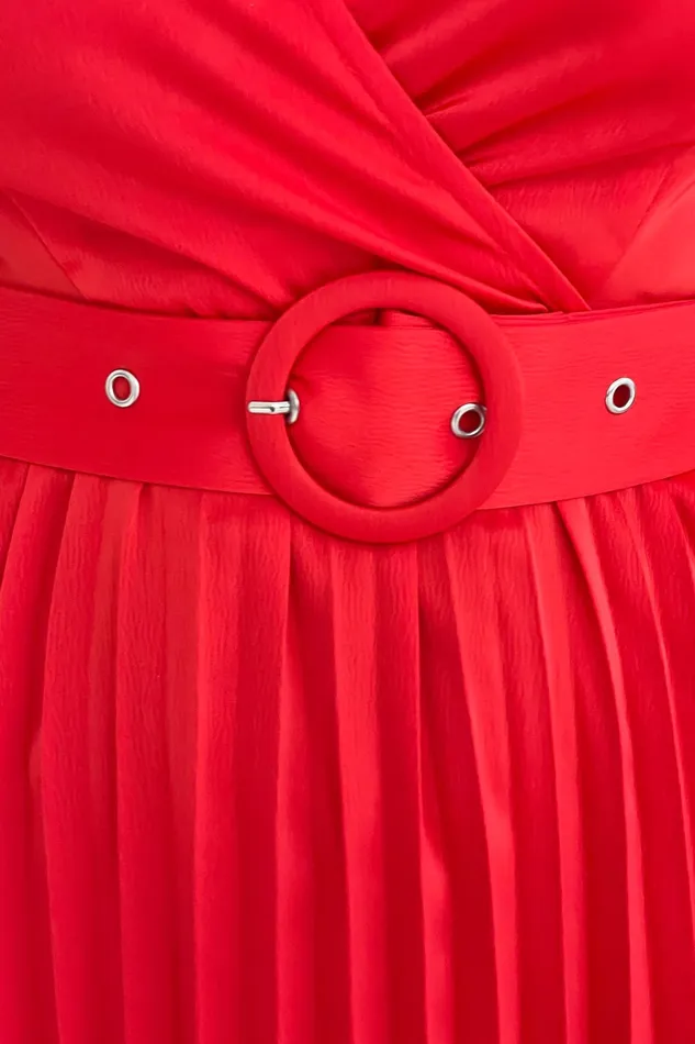 Brooklyn Asymmetric Pleated Skirt Belted Midi Dress Red Women Girl In Mind Midi Dresses