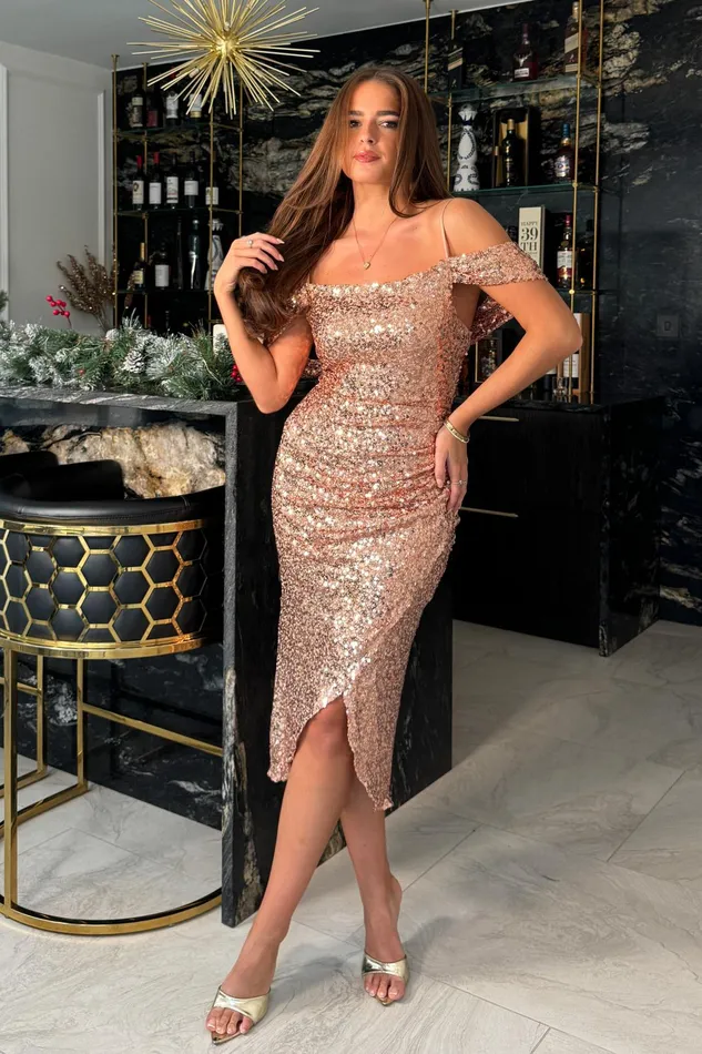 Camila Gold Sequin Wrap Over Midi Dress Women Girl In Mind Sequin Dresses