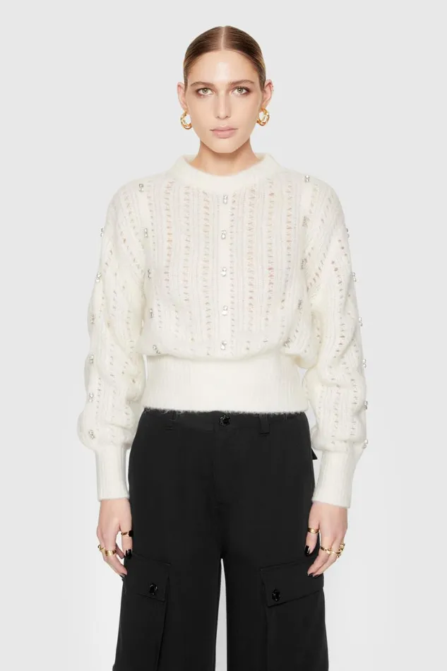Clothing Tops Rebecca Minkoff Cecilia Crystal Embellished Sweater White