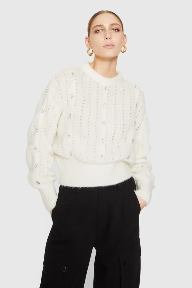 Clothing Tops Rebecca Minkoff Cecilia Crystal Embellished Sweater White