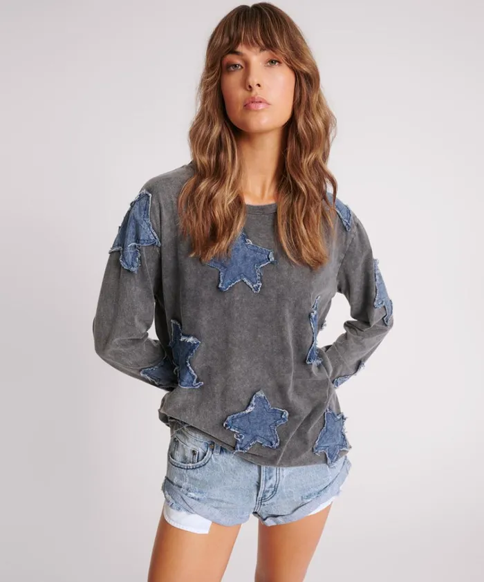 DENIM STAR BOYFRIEND LONGSLEEVE TEE Women One Teaspoon Tees and Tanks