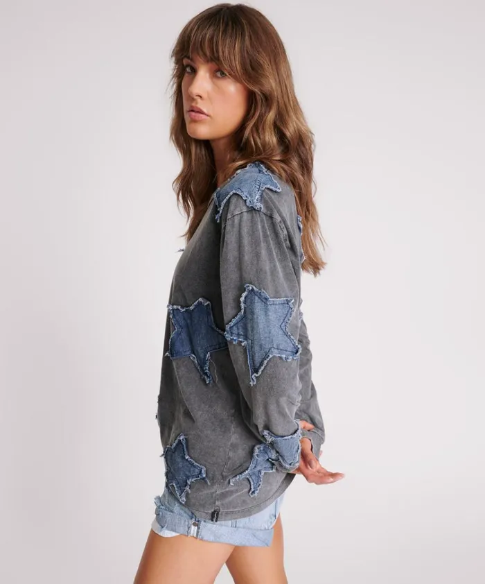 DENIM STAR BOYFRIEND LONGSLEEVE TEE Women One Teaspoon Tees and Tanks DENIM STAR BOYFRIEND LONGSLEEVE TEE Women One Teaspoon Tees and Tanks