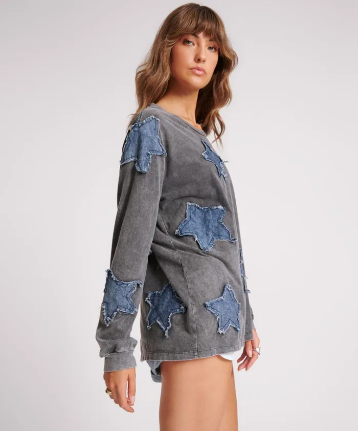 DENIM STAR BOYFRIEND LONGSLEEVE TEE Women One Teaspoon Tees and Tanks DENIM STAR BOYFRIEND LONGSLEEVE TEE Women One Teaspoon Tees and Tanks