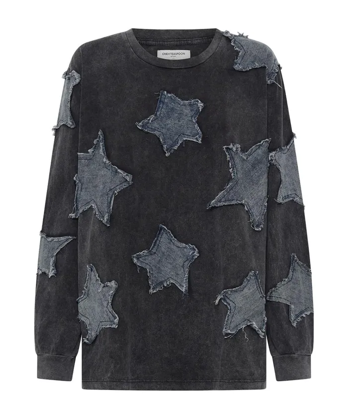 DENIM STAR BOYFRIEND LONGSLEEVE TEE Women One Teaspoon Tees and Tanks DENIM STAR BOYFRIEND LONGSLEEVE TEE Women One Teaspoon Tees and Tanks