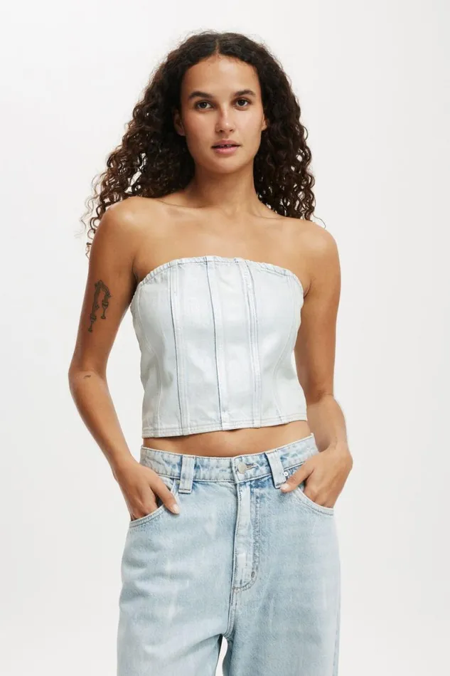 Denim Tube Top Metallic Pearl Blue Women Cotton On Tops