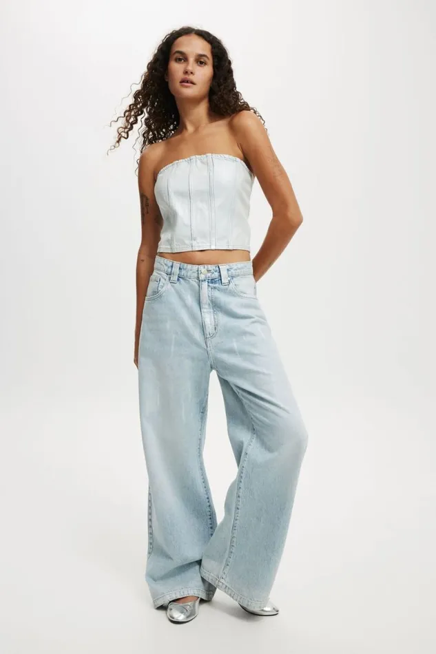 Denim Tube Top Metallic Pearl Blue Women Cotton On Tops