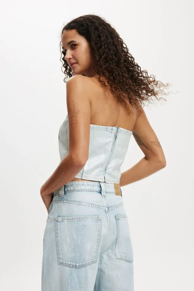 Denim Tube Top Metallic Pearl Blue Women Cotton On Tops