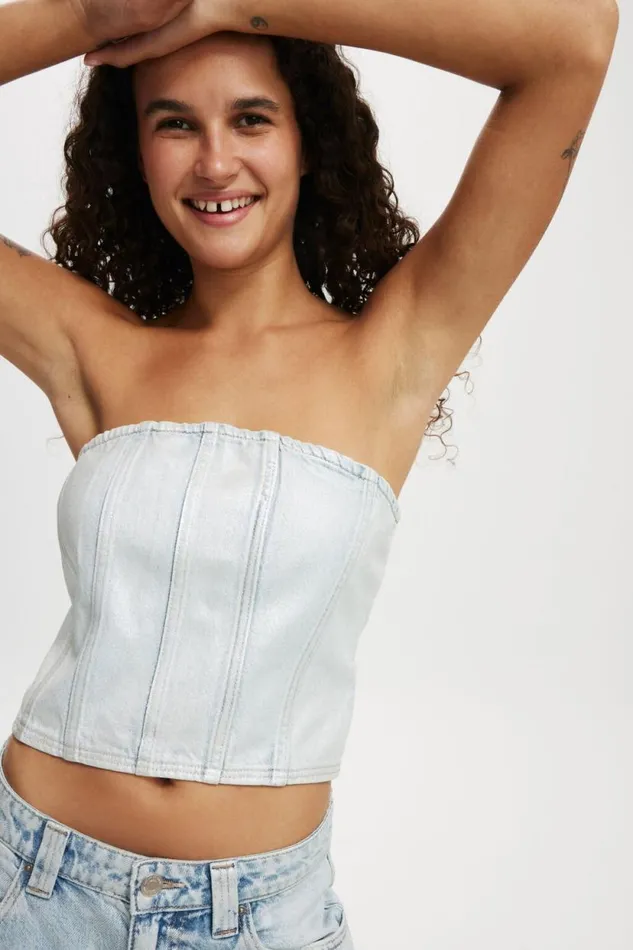 Denim Tube Top Metallic Pearl Blue Women Cotton On Tops