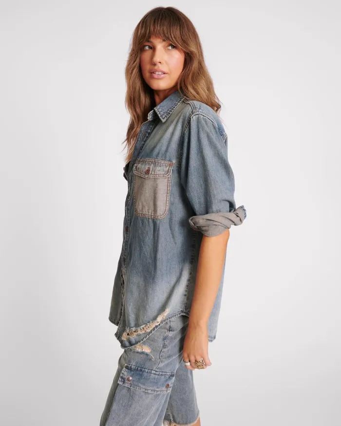 DIRTY BLUE EVERYDAY DENIM SHIRT Women One Teaspoon Denim Tops DIRTY BLUE EVERYDAY DENIM SHIRT Women One Teaspoon Denim Tops